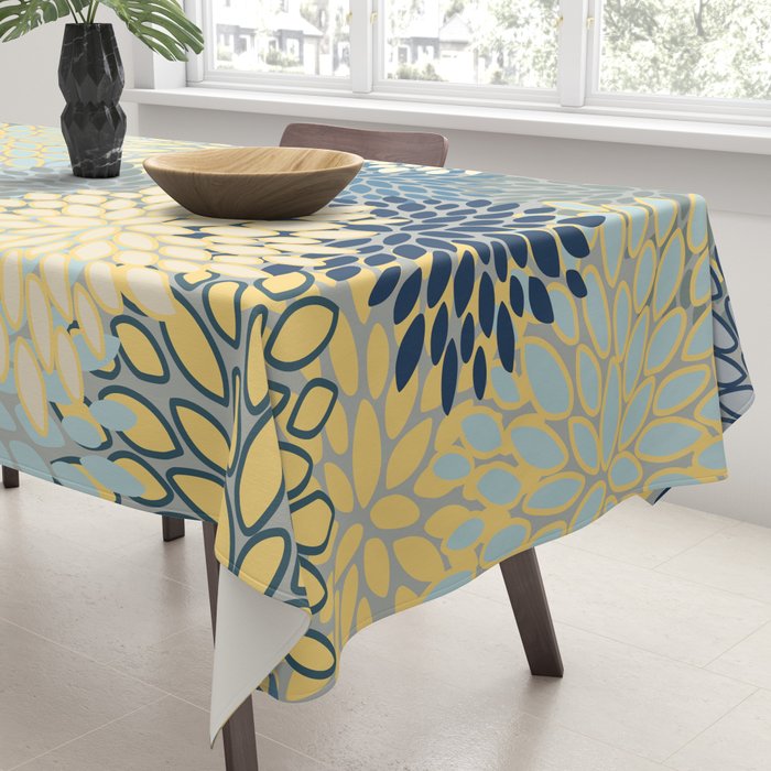 Floral Print, Yellow, Gray, Blue, Teal Tablecloth Gallery Image 3