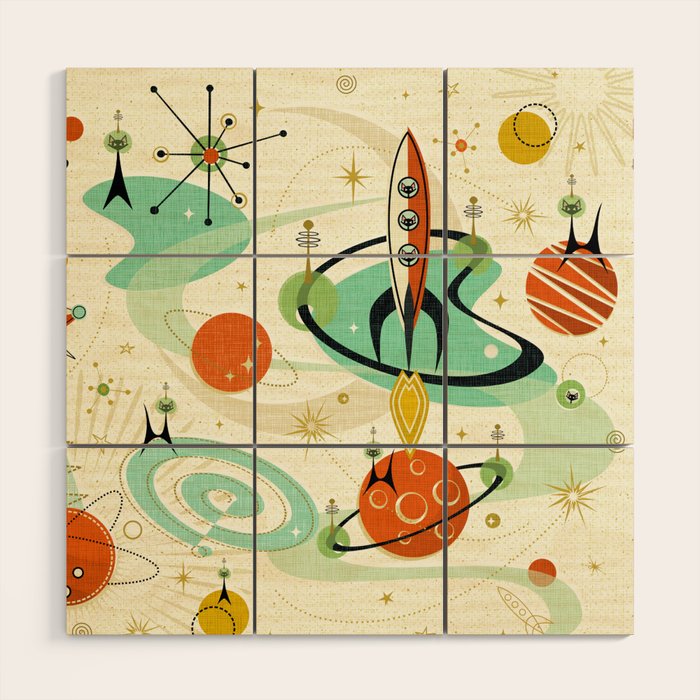 Atomic Space Cats studioxtine Wood Wall Art Gallery Image 1