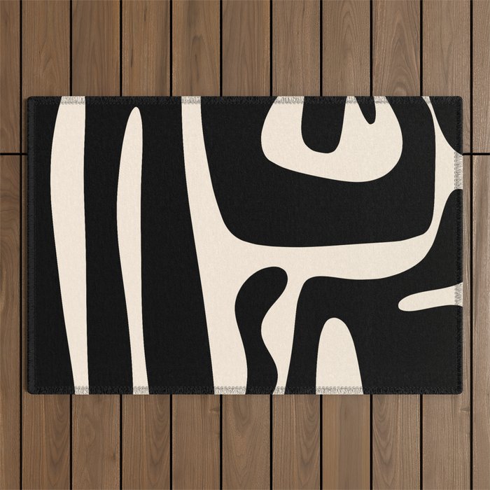 Mid Century Modern Kwaito Abstract Pattern in Black and Almond Cream Outdoor Rug Gallery Image 1