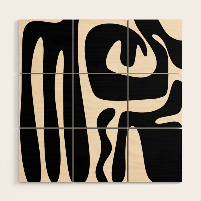Mid Century Modern Kwaito Abstract Pattern in Black and Almond Cream Wood Wall Art Gallery Image 1