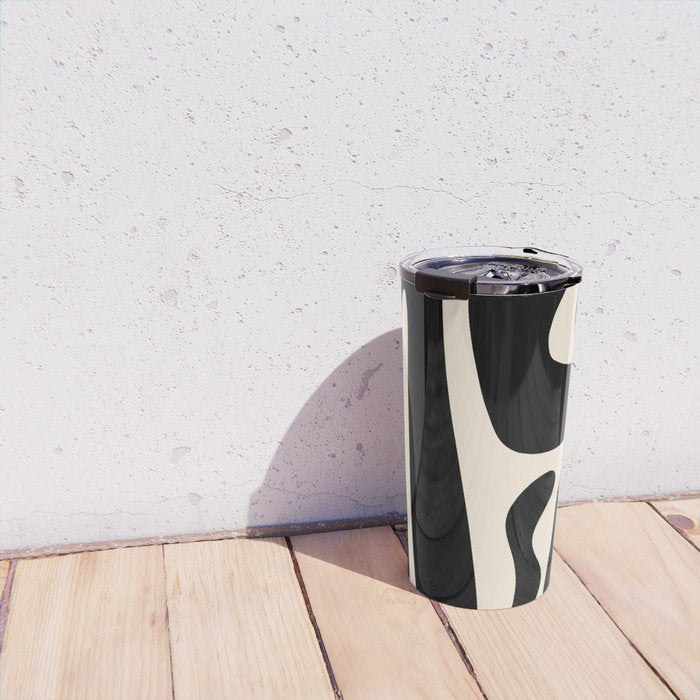 Mid Century Modern Kwaito Abstract Pattern in Black and Almond Cream Travel Mug Gallery Image 4