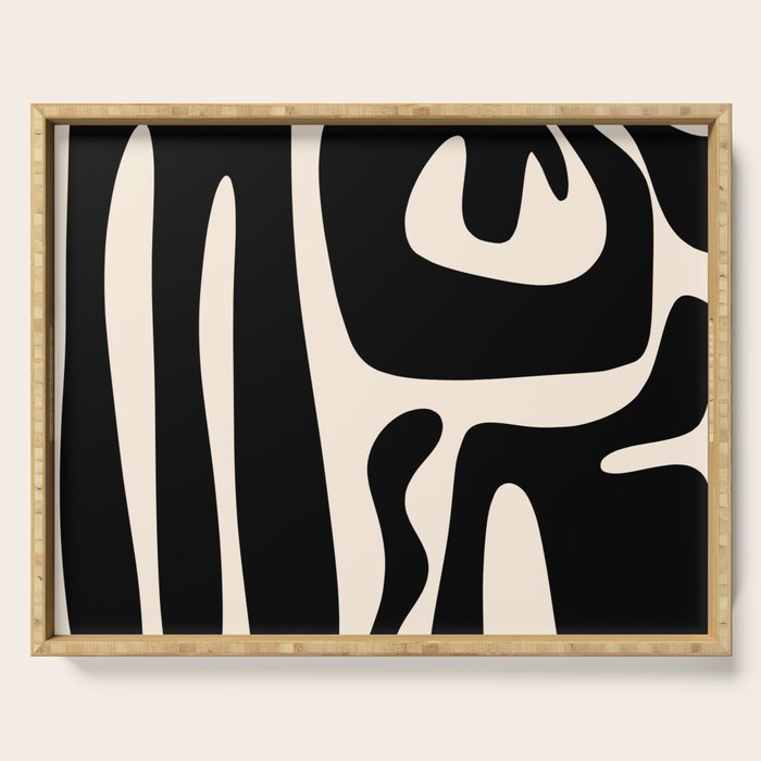 Mid Century Modern Kwaito Abstract Pattern in Black and Almond Cream Serving Tray Gallery Image 1