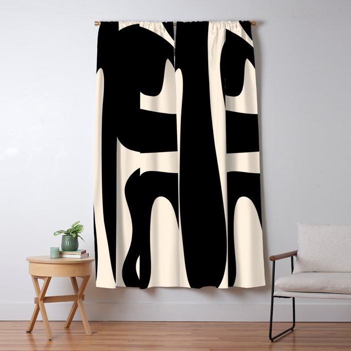 Mid Century Modern Kwaito Abstract Pattern in Black and Almond Cream Window Curtain Gallery Image 1
