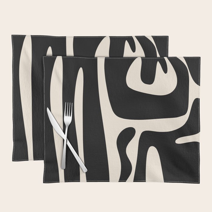 Mid Century Modern Kwaito Abstract Pattern in Black and Almond Cream Placemat Gallery Image 1