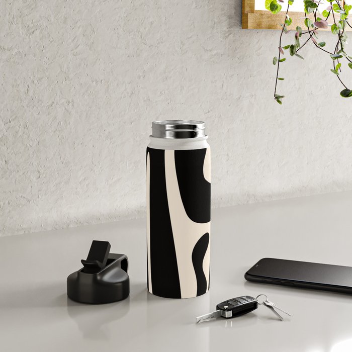 Mid Century Modern Kwaito Abstract Pattern in Black and Almond Cream Water Bottle Gallery Image 4