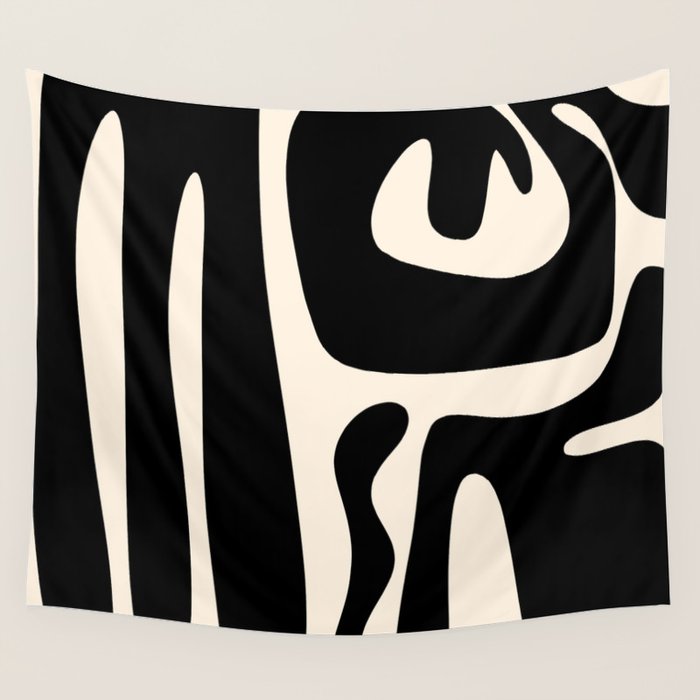 Mid Century Modern Kwaito Abstract Pattern in Black and Almond Cream Wall Tapestry Gallery Image 1