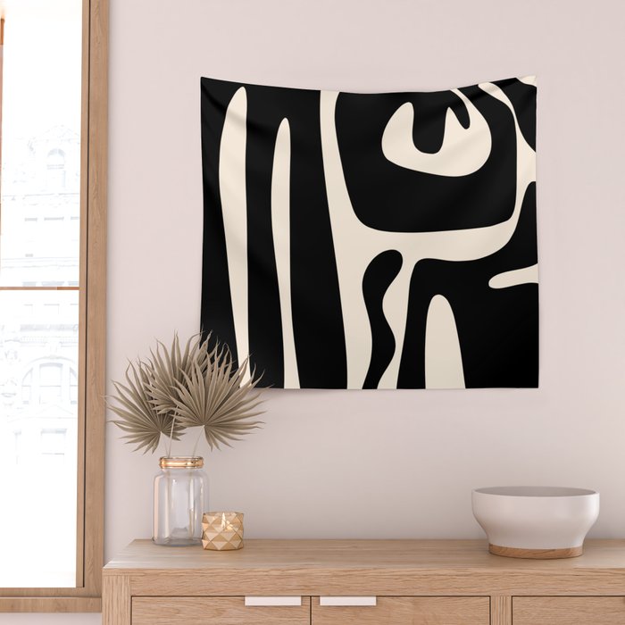 Mid Century Modern Kwaito Abstract Pattern in Black and Almond Cream Wall Tapestry Gallery Image 2