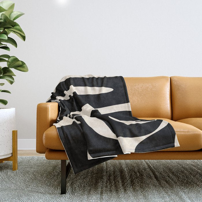 Mid Century Modern Kwaito Abstract Pattern in Black and Almond Cream Throw Blanket Gallery Image 1