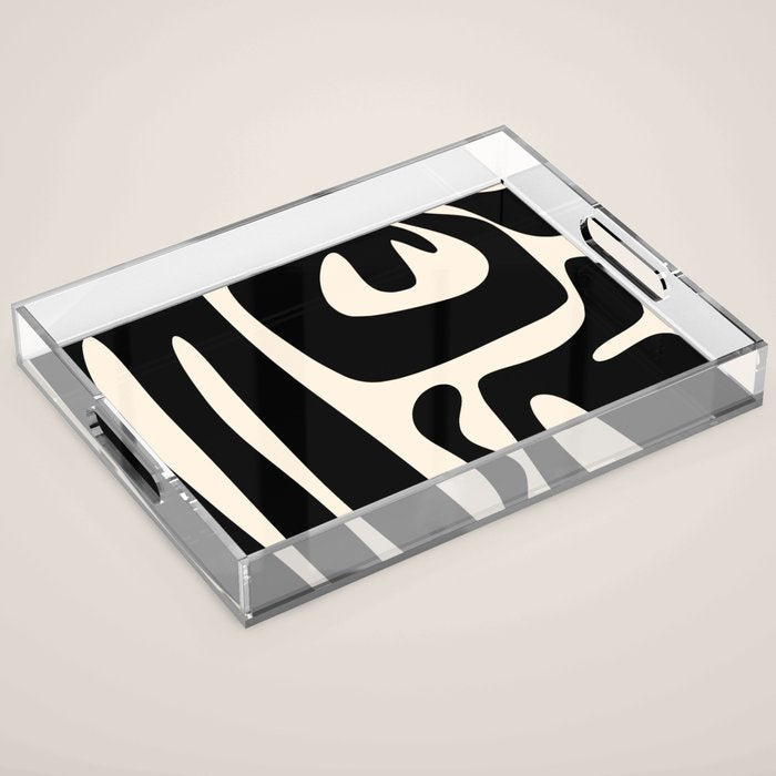 Mid Century Modern Kwaito Abstract Pattern in Black and Almond Cream Acrylic Tray Gallery Image 1