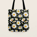 Floral Kingdom Cute White Daisy On Black Background Tote Bag Gallery Image 1