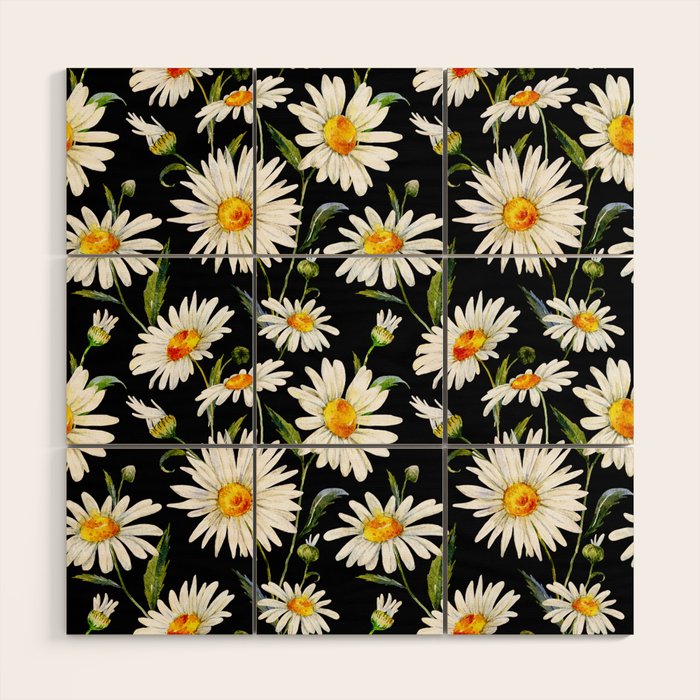 Floral Kingdom Cute White Daisy On Black Background Wood Wall Art Gallery Image 1