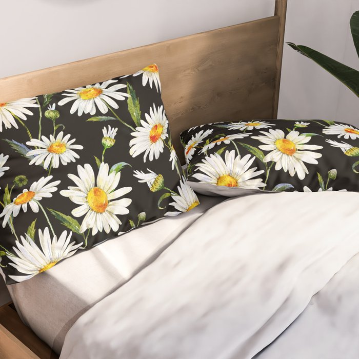 Floral Kingdom Cute White Daisy On Black Background Pillow Sham Gallery Image 2