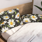 Floral Kingdom Cute White Daisy On Black Background Pillow Sham Gallery Image 2