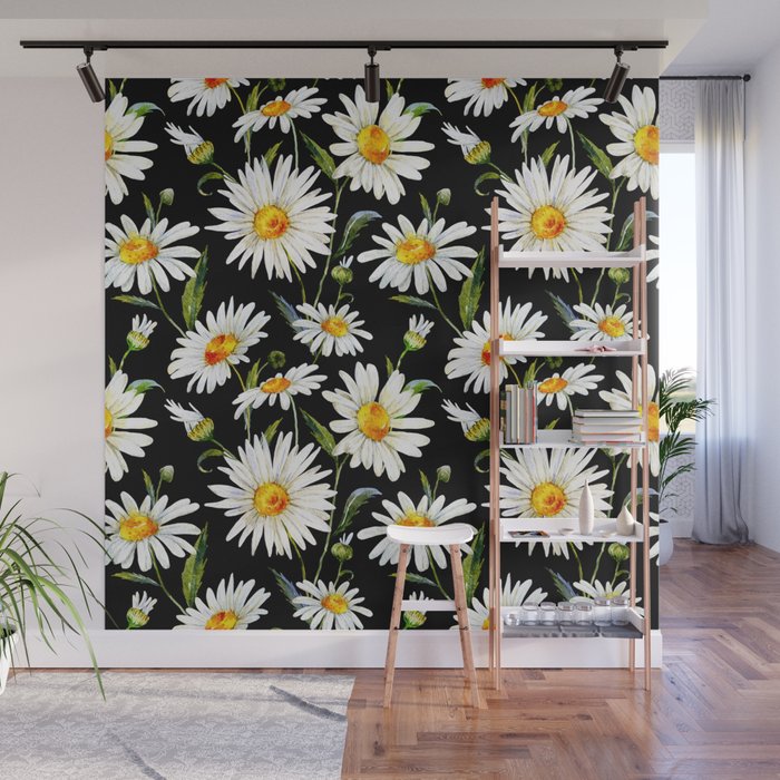 Floral Kingdom Cute White Daisy On Black Background Wall Mural Gallery Image 1