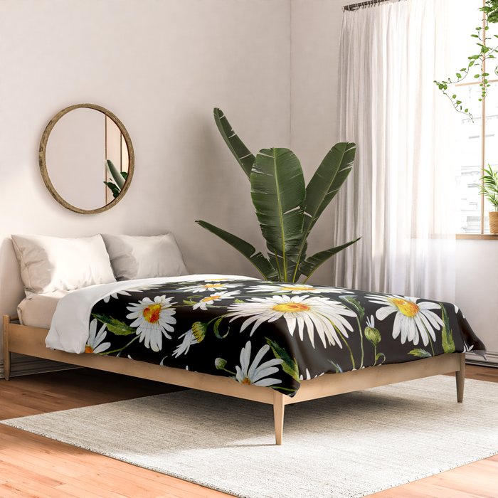 Floral Kingdom Cute White Daisy On Black Background Comforter Gallery Image 2