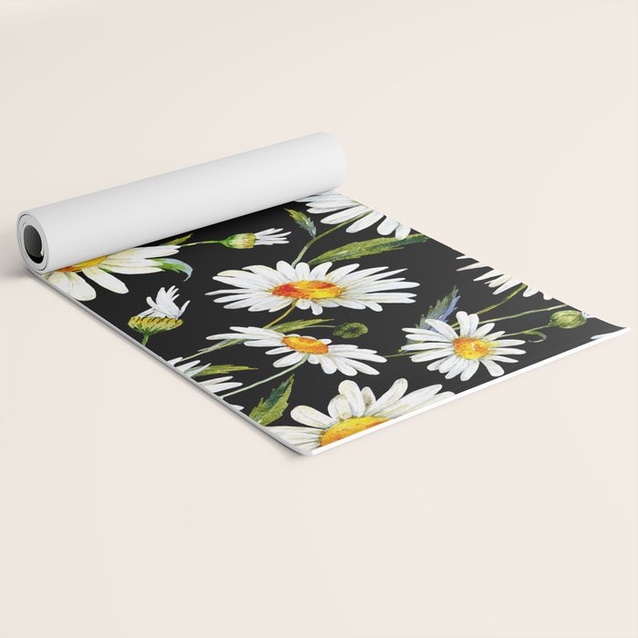 Floral Kingdom Cute White Daisy On Black Background Yoga Mat Gallery Image 2