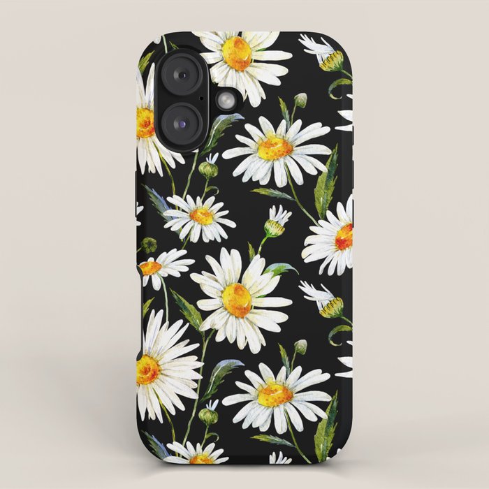 Floral Kingdom Cute White Daisy On Black Background iPhone Case Gallery Image 1