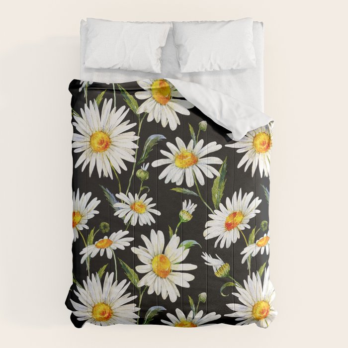 Floral Kingdom Cute White Daisy On Black Background Comforter Gallery Image 6