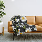 Floral Kingdom Cute White Daisy On Black Background Throw Blanket Gallery Image 1
