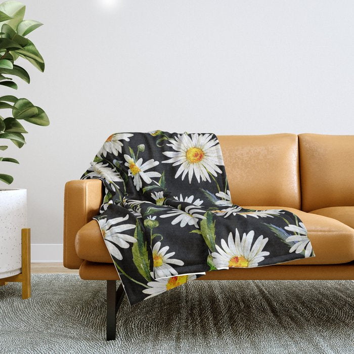 Floral Kingdom Cute White Daisy On Black Background Throw Blanket Gallery Image 1