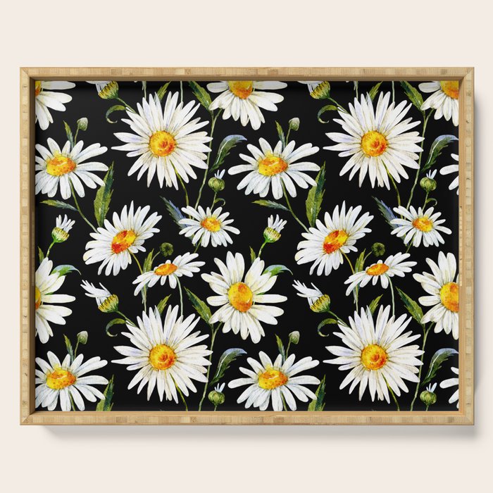 Floral Kingdom Cute White Daisy On Black Background Serving Tray Gallery Image 1