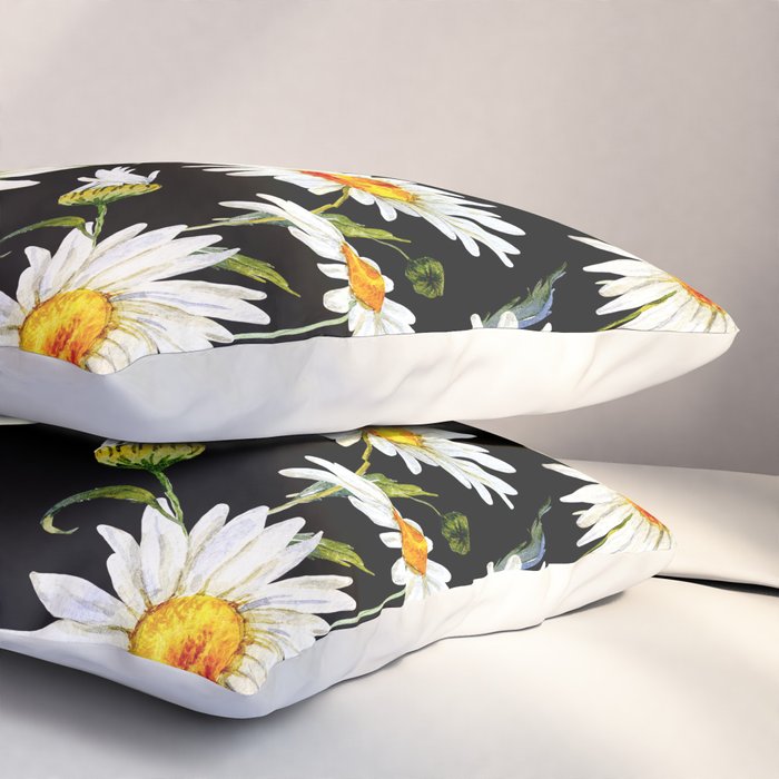 Floral Kingdom Cute White Daisy On Black Background Pillow Sham Gallery Image 3