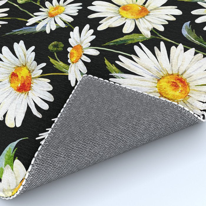 Floral Kingdom Cute White Daisy On Black Background Rug Gallery Image 4