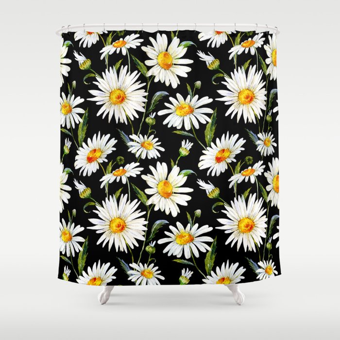 Floral Kingdom Cute White Daisy On Black Background Shower Curtain Gallery Image 1