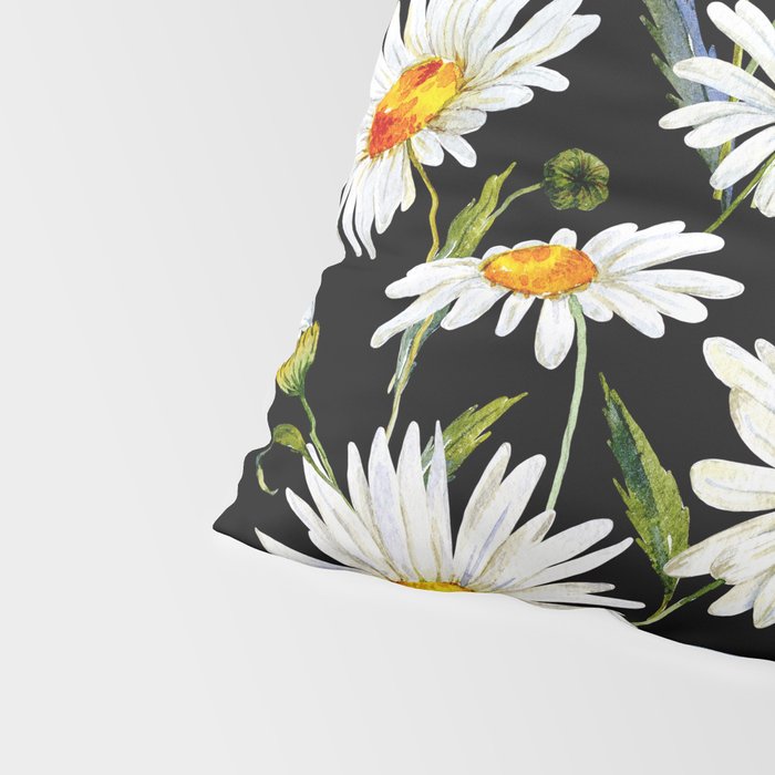Floral Kingdom Cute White Daisy On Black Background Pillow Sham Gallery Image 4
