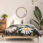 Floral Kingdom Cute White Daisy On Black Background Comforter Gallery Image 3