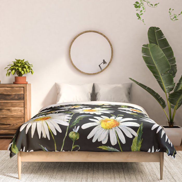 Floral Kingdom Cute White Daisy On Black Background Comforter Gallery Image 3