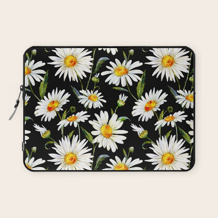 Floral Kingdom Cute White Daisy On Black Background Laptop Sleeve Gallery Image 1