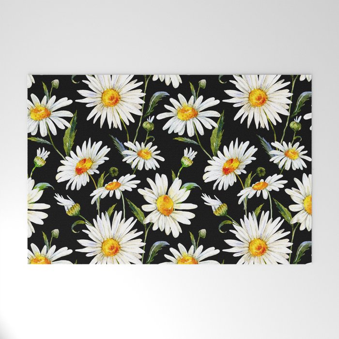 Floral Kingdom Cute White Daisy On Black Background Welcome Mat Gallery Image 1