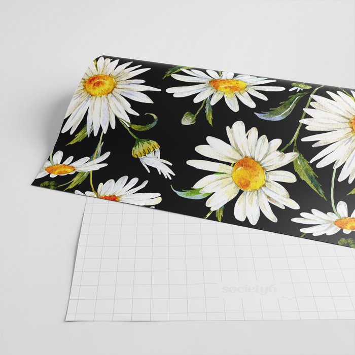 Floral Kingdom Cute White Daisy On Black Background Wrapping Paper Gallery Image 2