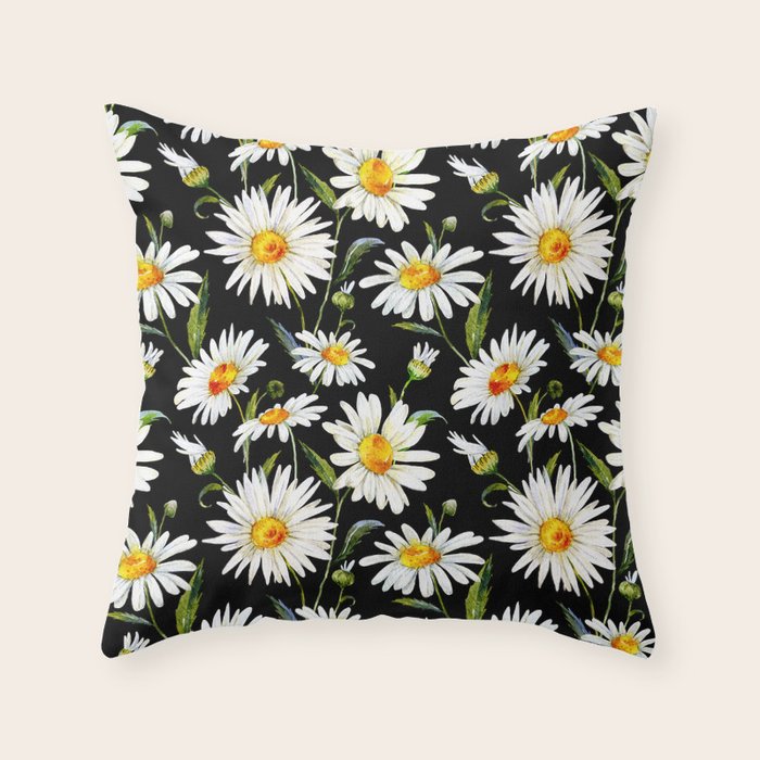 Floral Kingdom Cute White Daisy On Black Background Throw Pillow Gallery Image 6