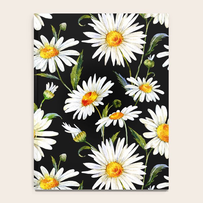 Floral Kingdom Cute White Daisy On Black Background Notebook Gallery Image 4