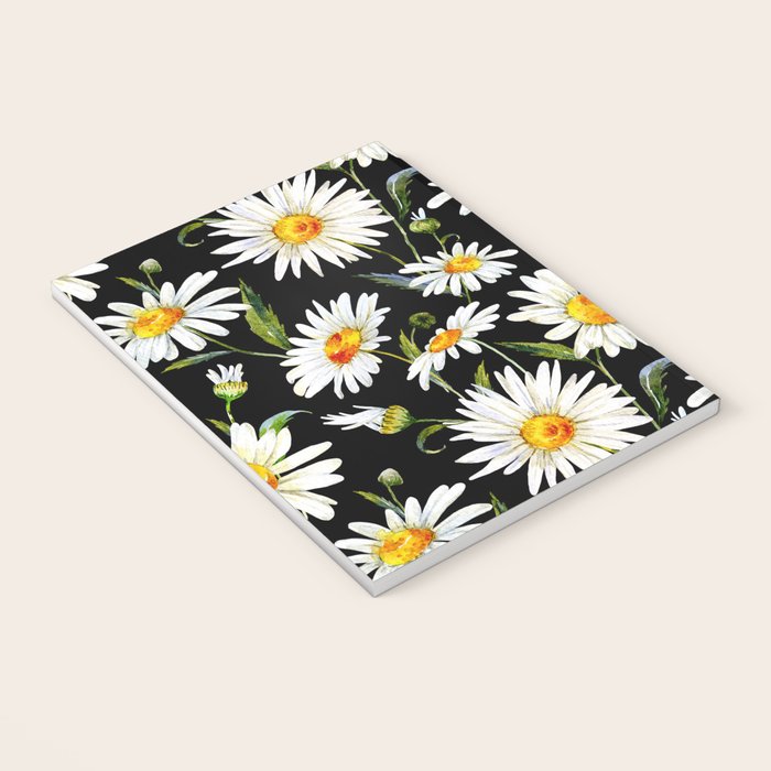 Floral Kingdom Cute White Daisy On Black Background Notebook Gallery Image 3