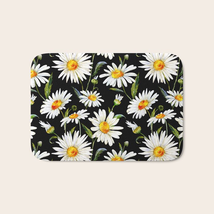Floral Kingdom Cute White Daisy On Black Background Bath Mat Gallery Image 1