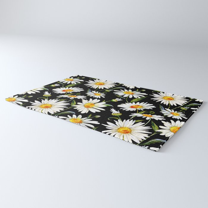 Floral Kingdom Cute White Daisy On Black Background Rug Gallery Image 3