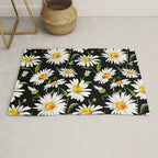 Floral Kingdom Cute White Daisy On Black Background Rug Gallery Image 1
