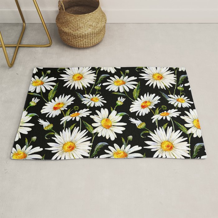Floral Kingdom Cute White Daisy On Black Background Rug Gallery Image 1