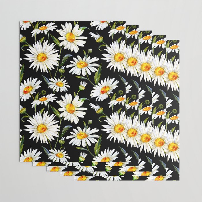Floral Kingdom Cute White Daisy On Black Background Wrapping Paper Gallery Image 3