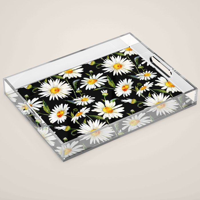Floral Kingdom Cute White Daisy On Black Background Acrylic Tray Gallery Image 1