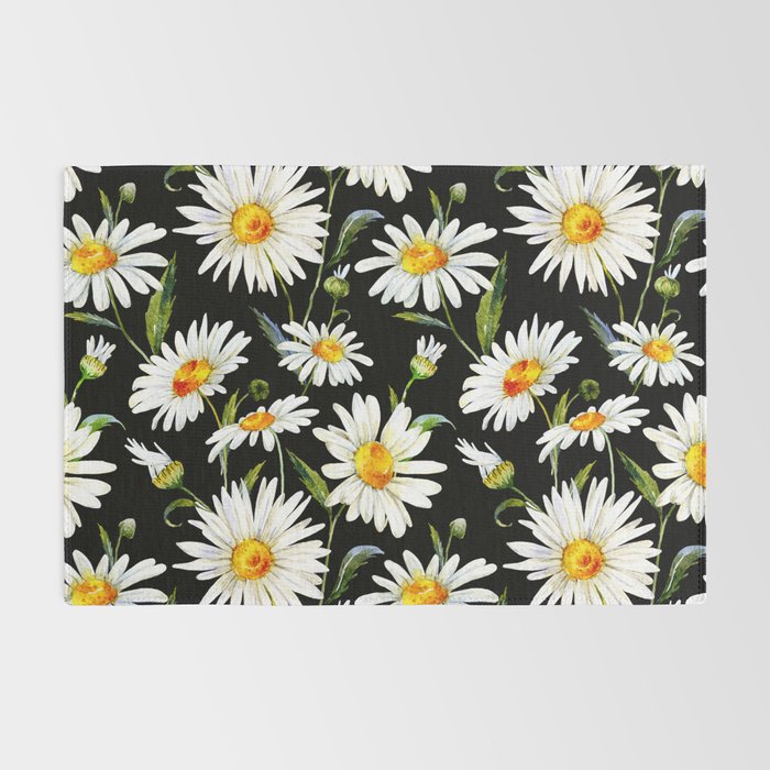 Floral Kingdom Cute White Daisy On Black Background Rug Gallery Image 2