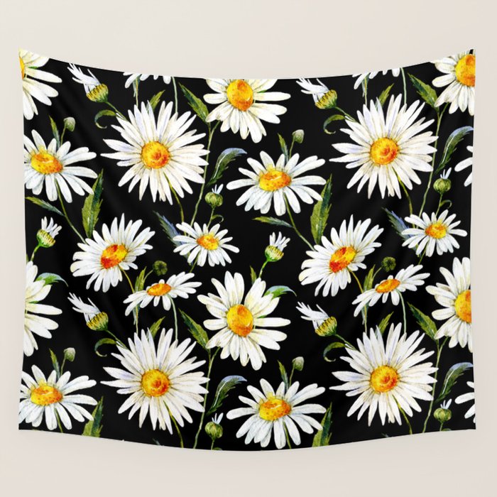 Floral Kingdom Cute White Daisy On Black Background Wall Tapestry Gallery Image 4