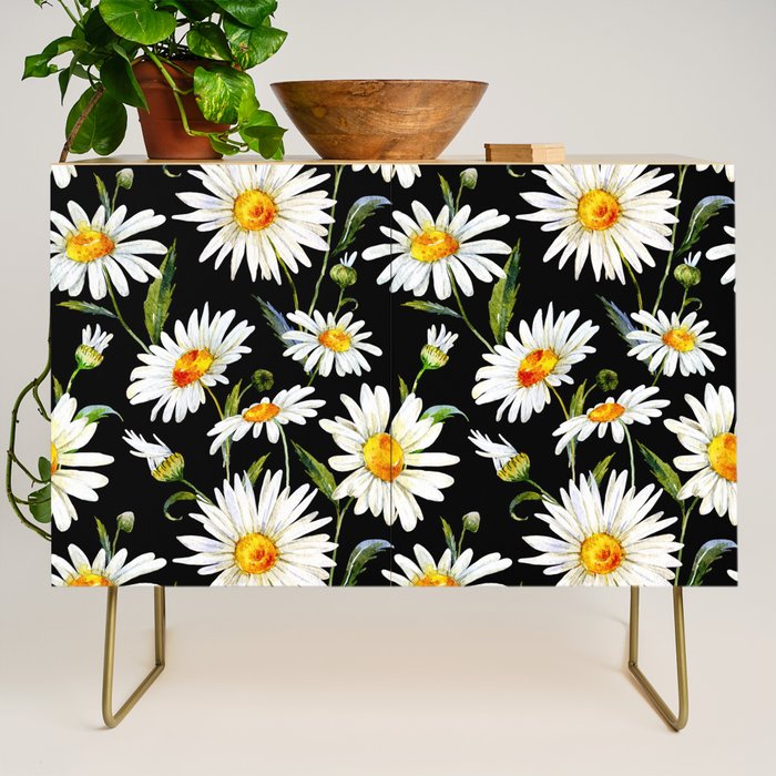 Floral Kingdom Cute White Daisy On Black Background Credenza Gallery Image 1