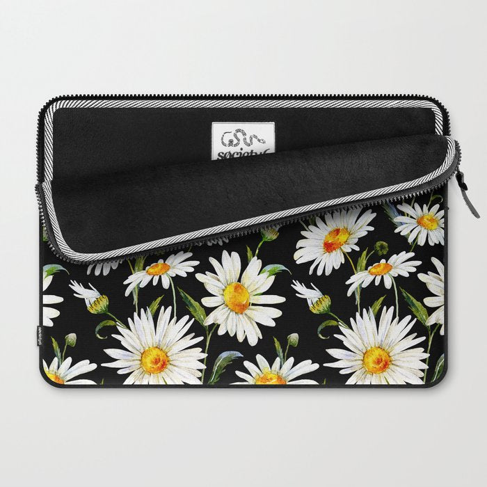 Floral Kingdom Cute White Daisy On Black Background Laptop Sleeve Gallery Image 2