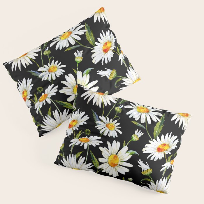 Floral Kingdom Cute White Daisy On Black Background Pillow Sham Gallery Image 1