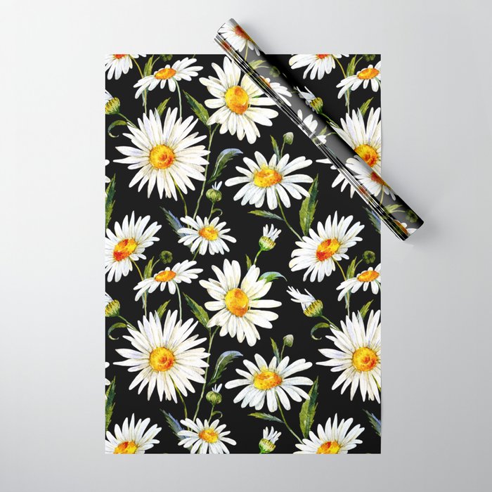 Floral Kingdom Cute White Daisy On Black Background Wrapping Paper Gallery Image 1