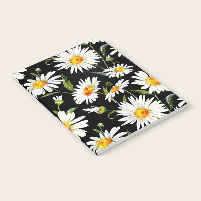 Floral Kingdom Cute White Daisy On Black Background Notebook Gallery Image 2